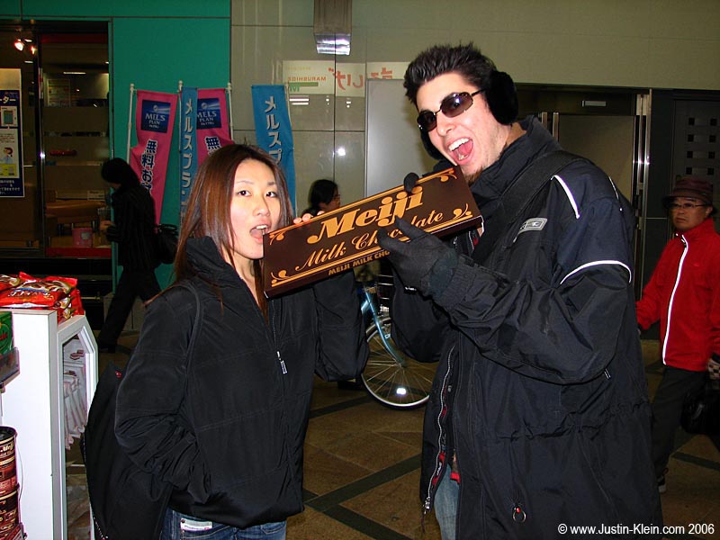 Andy and Miho enjoying a light chocolate snack in Nara.