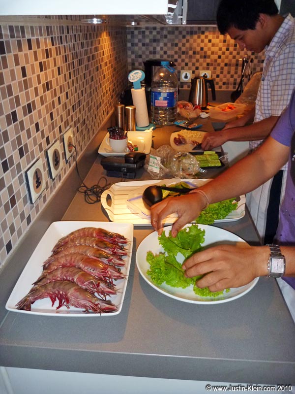 Some of the biggest prawns I’ve ever seen.  For our first dinner on Phuket, Wan had a few friends come over and cook a <i>fabulous</i> Thai seafood BBQ.